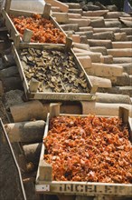 Sirince, Aydin Province, Turkey. Shallow wooden crates of chilies and mushrooms drying in late