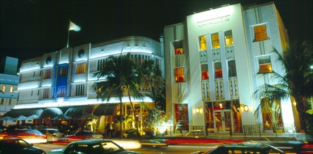 Miami, Florida, USA. South Beach Ocean Drive Art Deco Buildings at night Cavalier & Cardozo Hotels