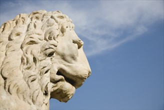 Venice, Veneto, Italy. Centro Storico Arsenale Head of guardian lion of free Venice statue against