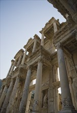 Selcuk, Izmir Province, Turkey. Ephesus. Roman Library of Celsus facade angled view looking upwards