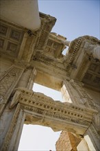 Selcuk, Izmir Province, Turkey. Ephesus. Roman Library of Celsus facade. Angled view looking up at