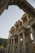 Selcuk, Izmir Province, Turkey. Ephesus. Part view of ornately carved marble facade and archway in