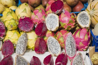 Vienna, Austria. The Naschmarkt. Dragon Fruit for sale on market stall. Genus Hylocereus sweet