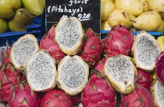 Vienna, Austria. The Naschmarkt. Exotic fruit for sale on market stall. Genus Hylocereus sweet