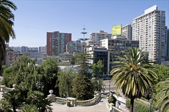 Santiago, Chile. Highrise modern apartment blocks in downtown from the Cerro Santa Lucia with
