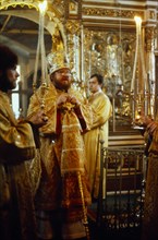 Moscow, Russia. Russian Orthodox service in Moscow church. Color Eastern Europe Europe & Asia