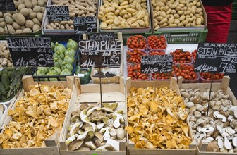 Vienna, Austria. The Naschmarkt. Fresh produce stall with display including potatoes mushrooms