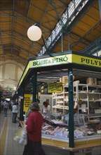 Budapest, Pest County, Hungary. Stall selling Hungarian sausages hams bacon and other meats at Nagy