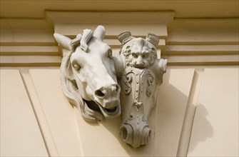Vienna, Austria. Neubau District of Vienna. Decoration on MuseumsQuartier depicting horses head and