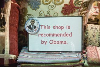 Istanbul, Turkey. Sultanahmet. Shop advertising using President Obamas image as recommendation in
