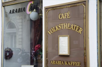 Vienna, Austria. Sign and menu beside window of cafe adjacent to the Volkstheater. Austria Austrian