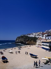 Carvoeiro, Algarve, Portugal. View over the beach in the fishing cove.