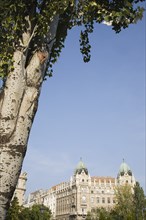 Budapest, Pest County, Hungary. Art Nouveau exterior facade part framed by tree in foreground.