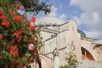 Istanbul, Turkey. Sultanahmet. Hagia Sophia Part view of exterior facade and domed roof with red