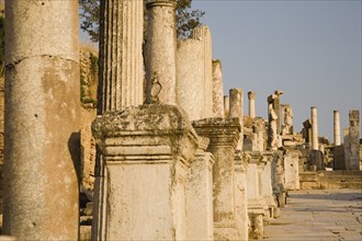 Selcuk, Izmir Province, Turkey. Ephesus. Line of ruined pillars and pedestals in ancient city.