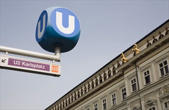 Vienna, Austria. Neubau District. The Vienna U Bahn sign for the Untergrundbahn or underground