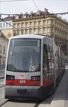 Vienna, Austria. Neubau District. The latest model of Wiener Linien tram at the Volkstheater.