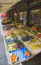 Vienna, Austria. The Naschmarkt. Display of fresh fruit for sale outside shopfront. Austria