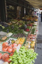 Vienna, Austria. The Naschmarkt. Display of fresh fruit vegetables and herbs for sale outside