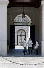 Santiago, Chile. Main entrance of the Palacio de la Moneda Presidential Palace guarded by high
