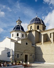 Valencia, Costa Blanca, Spain. Alicante Province Altea. Church with blue tiled roof in the square