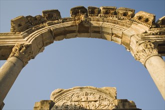 Selcuk, Izmir Province, Turkey. Ephesus. Detail of carved archway supporting columns and wall
