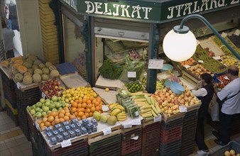 Budapest, Pest County, Hungary. Looking down on stall selling fruit and vegetables at Nagy