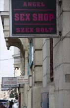 Budapest, Pest County, Hungary. Sign for sex shop at the rail terminus Budapest Nyugati palyaudvar.