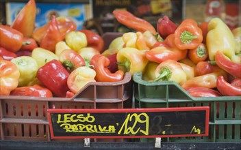 Budapest, Pest County, Hungary. Crate of red orange and yellow Capsicum annuum or Bell Chili