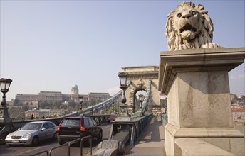 Budapest, Pest County, Hungary. Lion sculpture on the Chain Bridge or Memory Bridge and passing