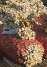 Kusadasi, Aydin Province, Turkey. Garlic for sale at weekly market. Turkey Turkish Eurasia Eurasian