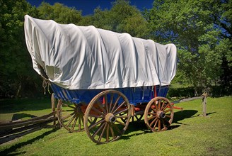 Omagh, County Tyrone, Ireland. Ulster American Folk Park Conestoga type wagon was first built by
