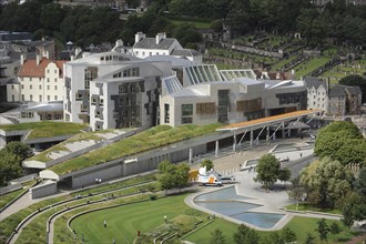 Edinburgh, Lothian, Scotland. Holyrood View over the new Scottish Parliament Builldings designed by