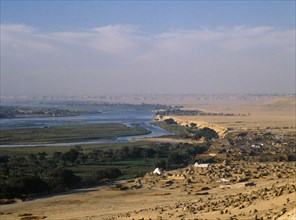 Beni Hasan, Nile Valley, Egypt. View over Muslim cemetery toward the River Nile African Islam