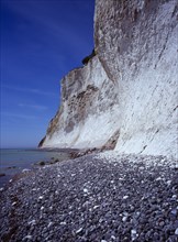 Denmark, Isle of Mon, Mons Klint, East facing chalk sea cliffs rising from flintstone beach.  Blue