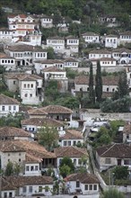 Albania, Berat, Traditional white painted Ottoman buildings with tiled rooftops on hillside in the