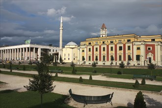 Albania, Tirane, Tirana, Exterior facade of government buildings  Ethem Bey Mosque and Opera House