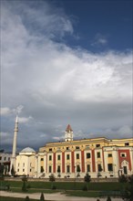 Albania, Tirane, Tirana, Exterior facade of government buildings and Ethem Bey Mosque on Skanderbeg