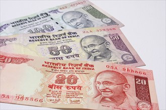 India, Business, Finance, Money  Indian bank notes of twenty  fifty and one hundred ruppee