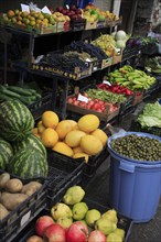 Albania, Tirane, Tirana, Grocers fruit and vegetable display in the Avni Rustemi Market including