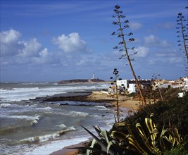 Spain, Andalucia, Cadiz, Cape Trafalgar and Los Canos de Meca village apartments overlooking beach