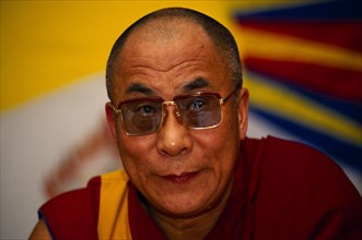 China, Tibet, Buddhism, Portrait of the 14th Dalai Lama. Tibetan Buddhist Leader in exile. Vibrant