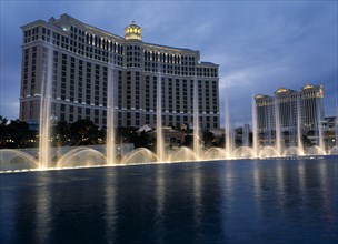 USA, Nevada, Las Vegas, Bellagio hotel and casino on the strip with fountain display in the