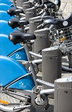 Ireland, County Dublin, Dublin City, Dublinbikes bicycle sharing scheme bikes parked and locked at