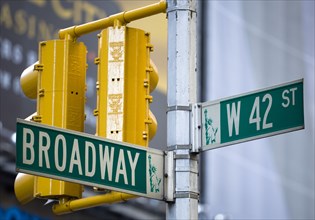 USA, New York, New York City, Manhattan  Roadsigns for Broadway at West 42nd Street in the theatre