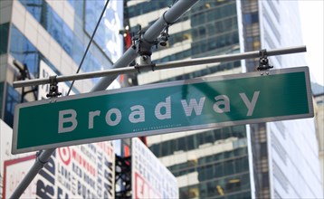 USA, New York, New York City, Manhattan  Overhead road sign for Broadway.