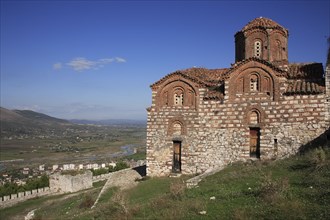 Albania, Berat, St Triada Church with view over the town and River Osun.