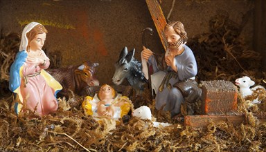 Festivals, Religious, Christmas, Nativity crib scene with small plastic figures.