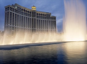 USA, Nevada, Las Vegas, Bellagio hotel and casino on the strip with fountain display in the