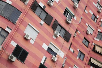 Albania, Tirane, Tirana, Angled part view of exterior facade of colourful apartment building with